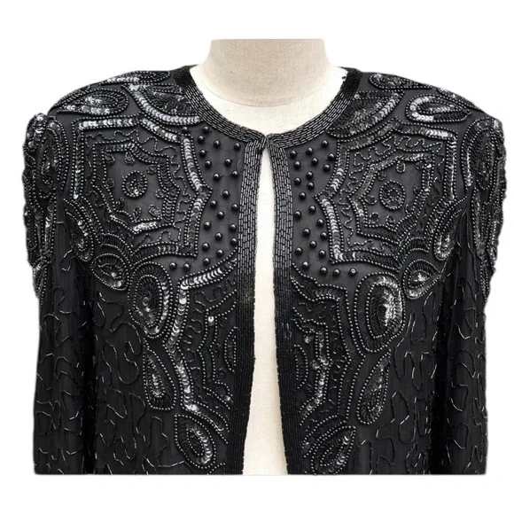 🎉HP! ❤️ Vintage Gothic x Steampunk Adrianna Papell Black Silk Beaded Jacket - Picture 2 of 9